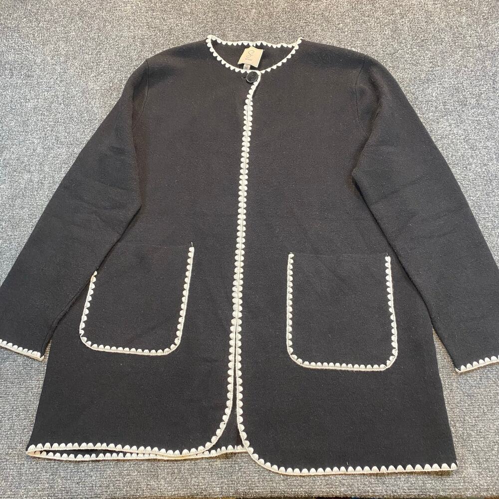 Sioni Womens XL Black White Scalloped Edge Trim Cardigan Knit Sweater Classic